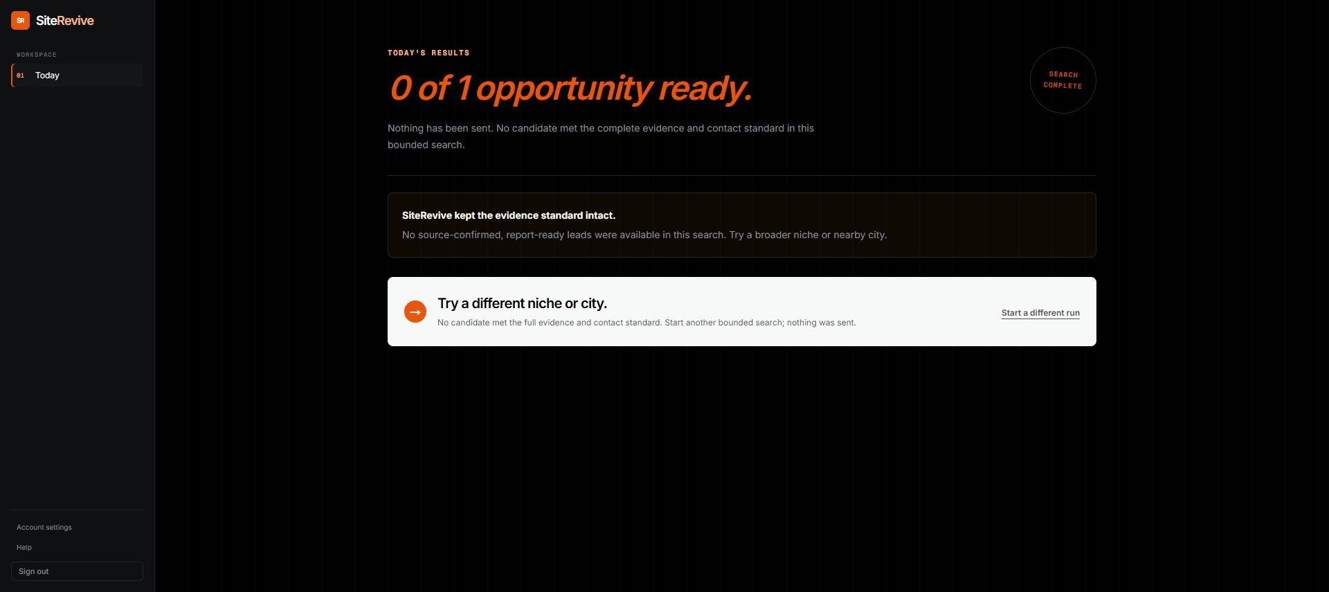 SiteRevive screen: 0 of 1 opportunity ready. Nothing has been sent. Try a different niche or city.