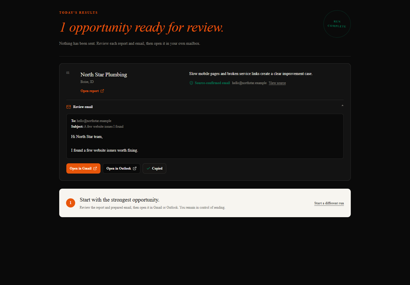 SiteRevive showing a completed qualified lead with its report and prepared email