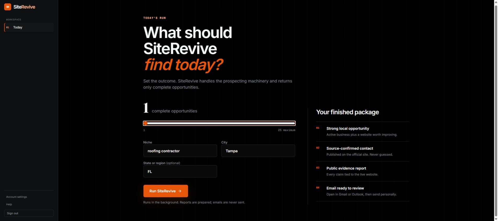 SiteRevive command center with the lead slider, business type, city, and Run SiteRevive button