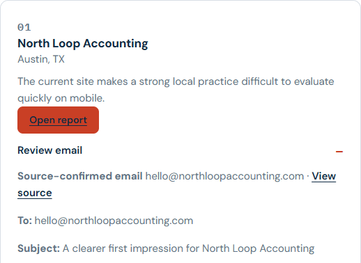 A result card: the email address found on the business website, with a link to the page it came from.