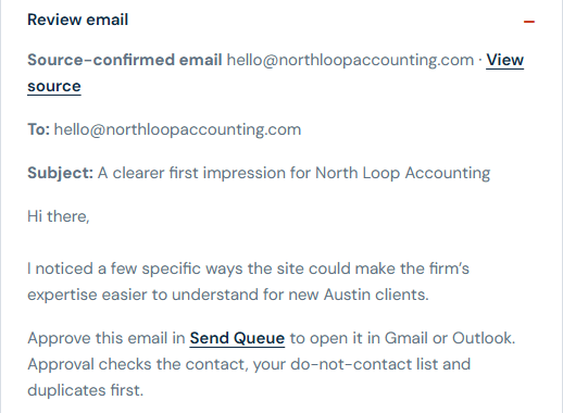 The first email, written and waiting: to, subject and the opening lines.
