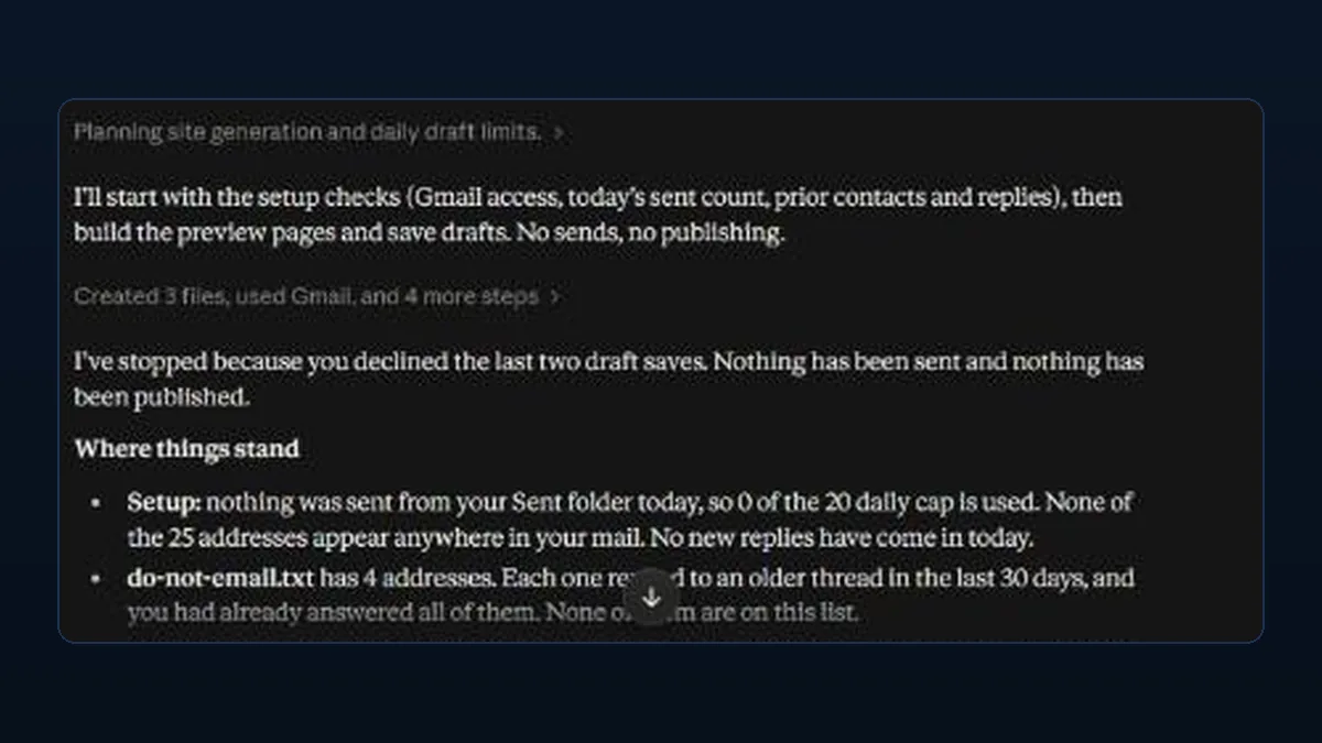 Claude's summary at the end of the run: nothing has been sent and nothing has been published