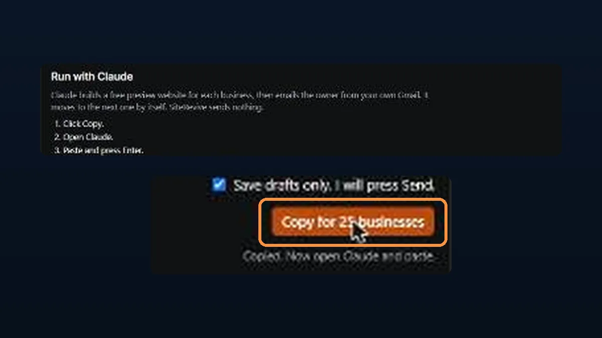 SiteRevive Run with Claude box with the Copy for 25 businesses button highlighted