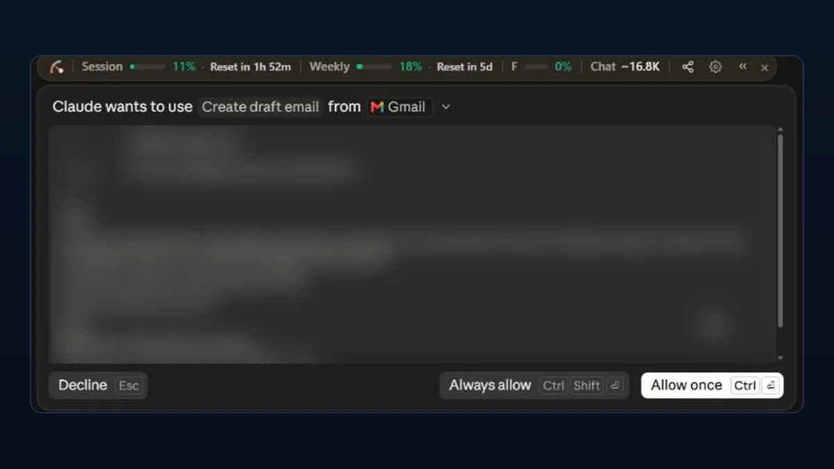 Claude asking to create a Gmail draft, with the business details blurred