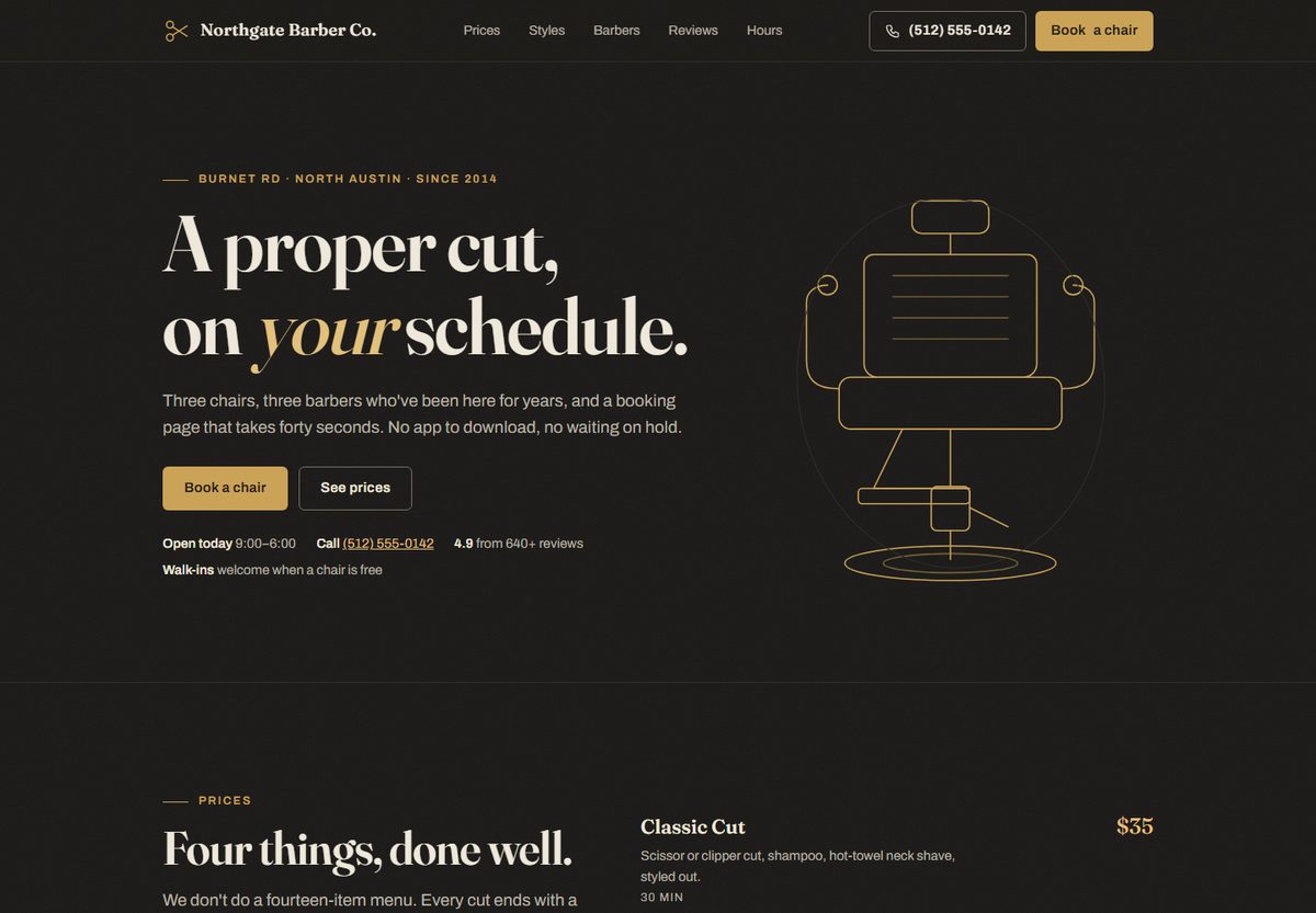 Sample website for a fictional barber shop, built by AI