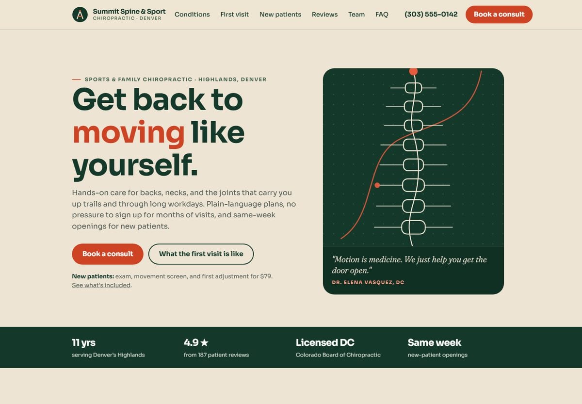 Sample website for a fictional chiropractor, built by AI