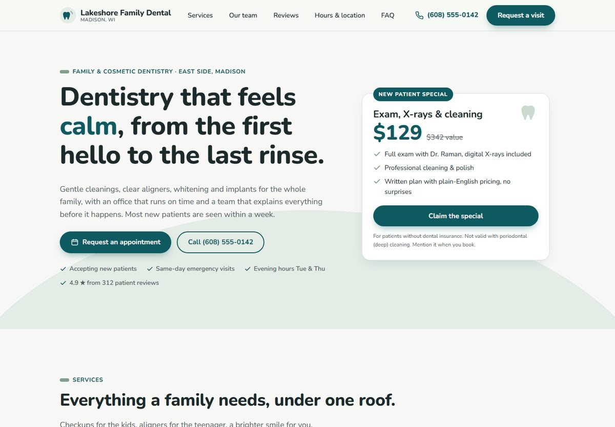 Sample website for a fictional family dentist, built by AI