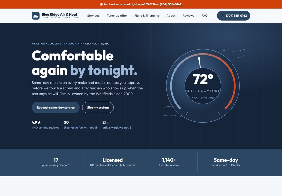Sample website for a fictional heating and cooling company, built by AI