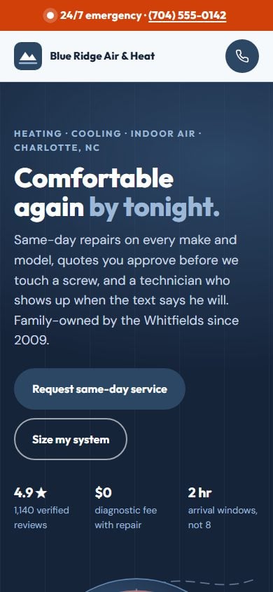 The sample website for a heating and cooling shop: Comfortable again by tonight, with a Request same-day service button